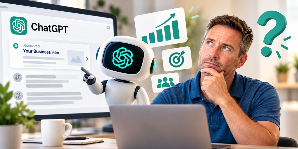 Thoughtful man at a laptop, hand on chin, next to a robot with the ChatGPT logo pointing at a sponsored "Your Business Here" ad on a ChatGPT screen, with chart, target and question-mark icons