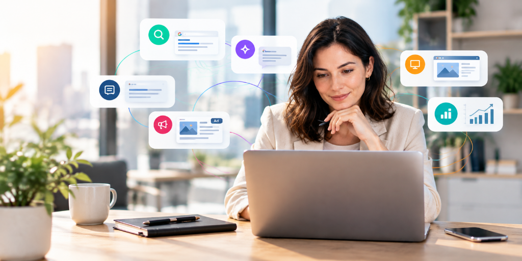 A professional woman working on a laptop in a modern office, surrounded by digital marketing icons representing SEO, AI search, content, advertising and website analytics.