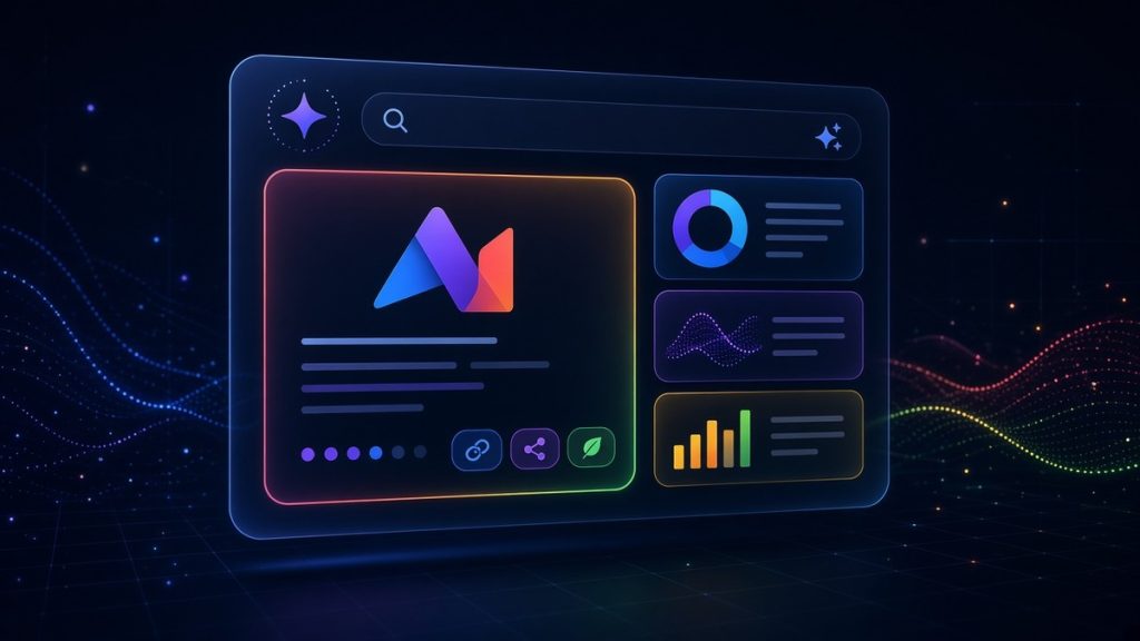 Abstract illustration of an AI search answer panel on a dark navy background featuring a highlighted brand identity card, representing branded searches in Google AI Overviews