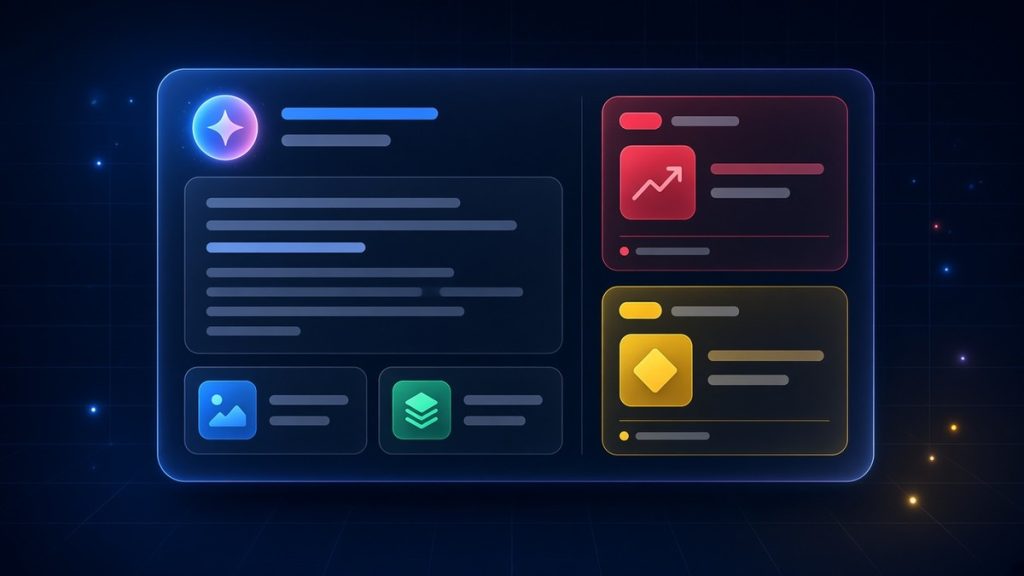 Abstract illustration of an AI search answer panel on a dark background with highlighted sponsored ad placements, representing Google Ads in AI Mode